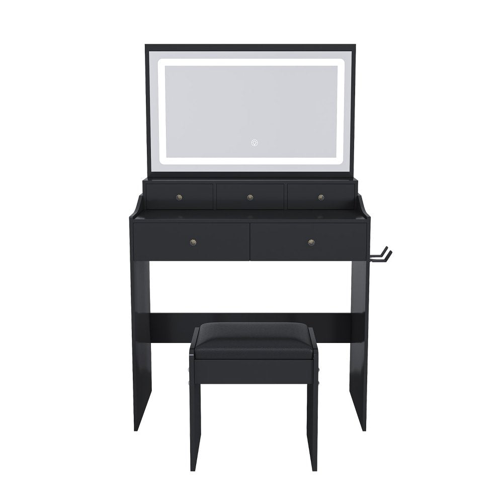 30" Black Wood Mirrored Five Drawer Vanity Table