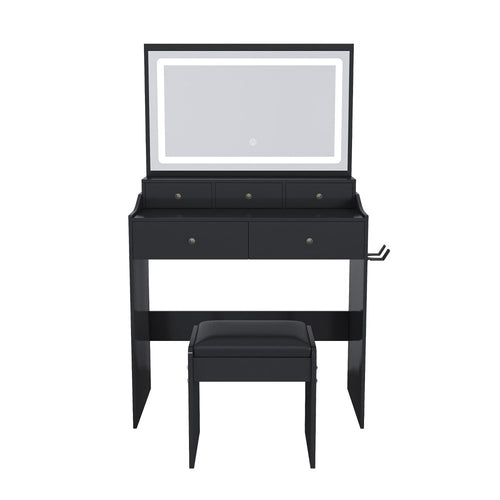 30" Black Wood Mirrored Five Drawer Vanity Table