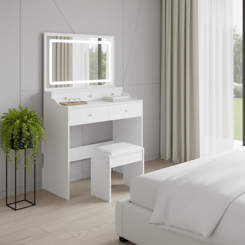 30" White Wood Mirrored Five Drawer Vanity Table