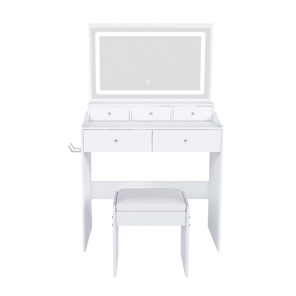 30" White Wood Mirrored Five Drawer Vanity Table