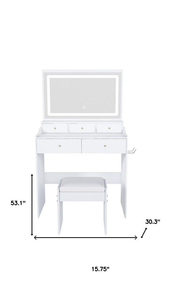 30" White Wood Mirrored Five Drawer Vanity Table