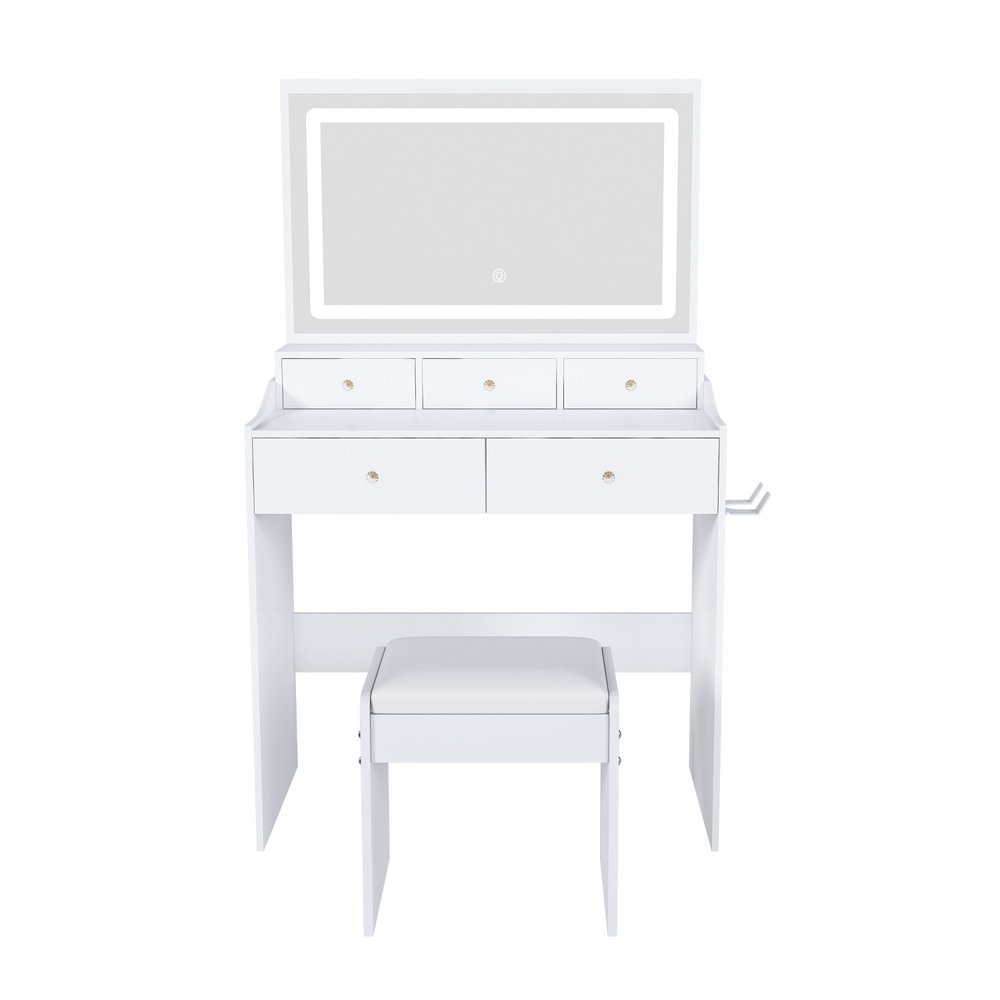 30" White Wood Mirrored Five Drawer Vanity Table