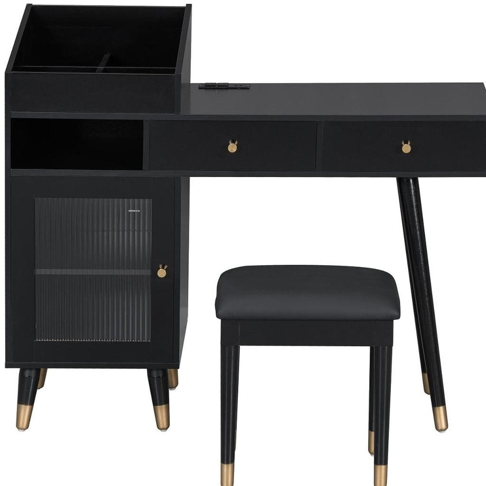 44" Black Wood Two Drawer Vanity Table. Vanity table isolated on a plain white background, finished in black wood.