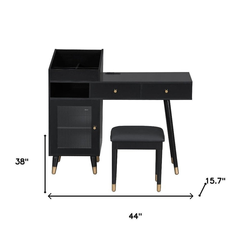 44" Black Wood Two Drawer Vanity Table. Vanity table isolated on a plain white background, finished in black wood.