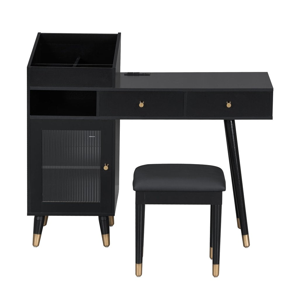 Black wood vanity table with two drawers, a cabinet with a glass door, and a matching stool, set against a white background.