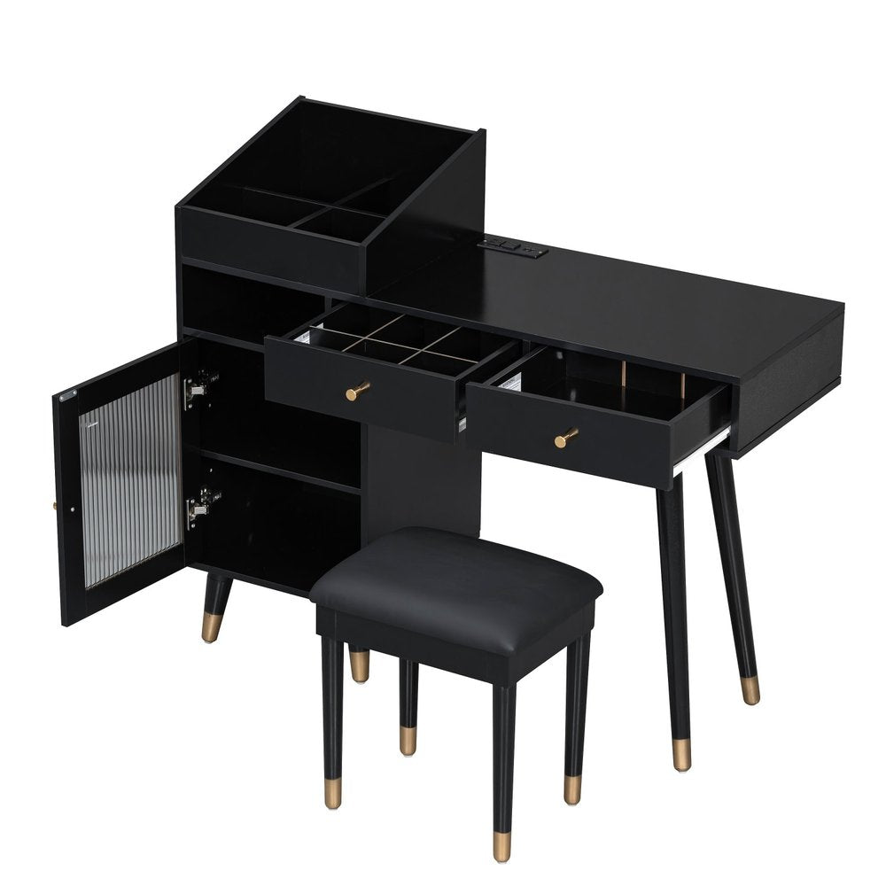 44" Black Wood Two Drawer Vanity Table. Vanity table isolated on a plain white background, in a black wood finish.