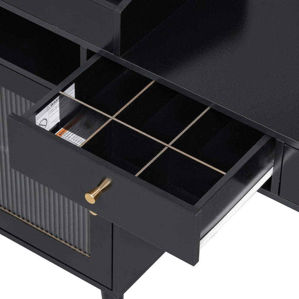 Close-up of 44" Black Wood Two Drawer Vanity Table showing black wood detail.