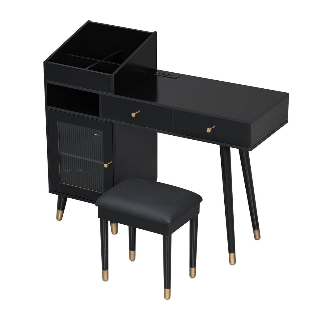44" Black Wood Two Drawer Vanity Table. Vanity table isolated on a plain white background, showing a black wood surface.