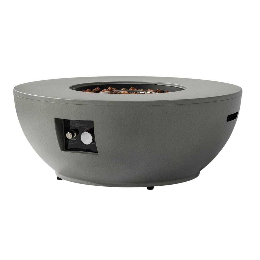 50000 BTU 36" Gray Steel Propane Round Fire Pit With Cover. Outdoor fireplaces and firepit isolated on a plain white background, showing a gray metal surface.