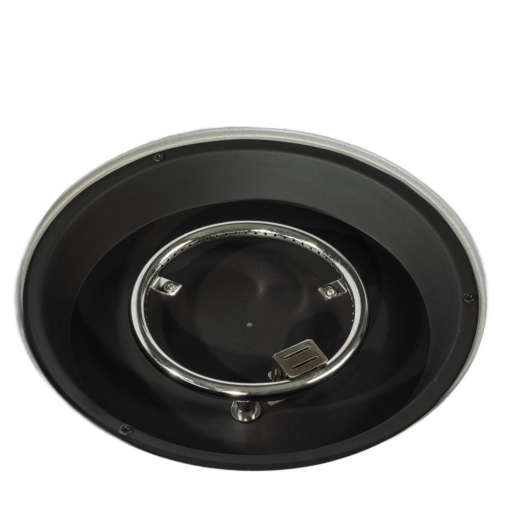 50000 BTU 36" Gray Steel Propane Round Fire Pit With Cover. Outdoor fireplaces and firepit isolated on a plain white background, finished in gray metal.