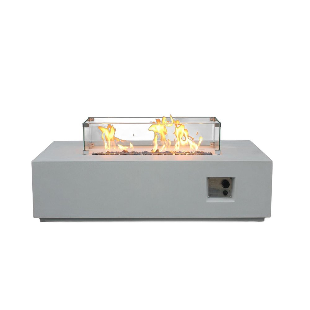 65000 BTU 52" Antiqued White Concrete Propane Rectangular Fire Pit With Cover. Outdoor fireplaces and firepit isolated on a plain white background, in a white finish.