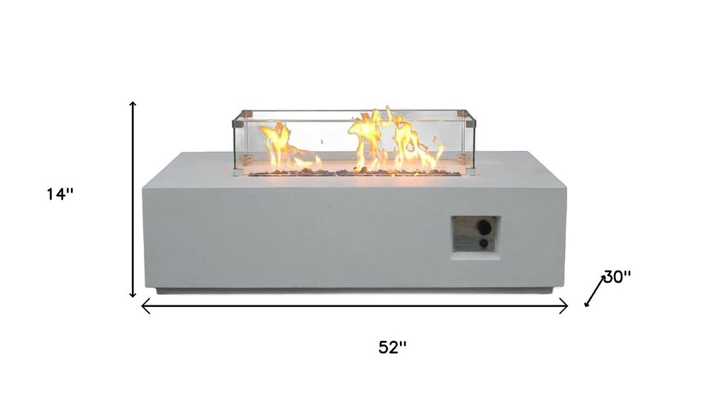 65000 BTU 52" Antiqued White Concrete Propane Rectangular Fire Pit With Cover. Outdoor fireplaces and firepit isolated on a plain white background, showing its white color.