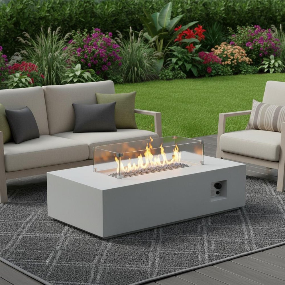 65000 BTU 52" Antiqued White Concrete Propane Rectangular Fire Pit With Cover