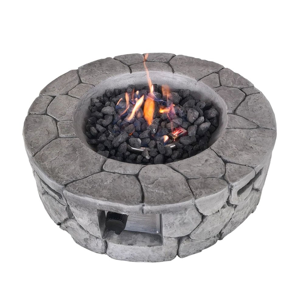 40000 BTU 28" Gray Concrete Propane Round Fire Pit With Cover