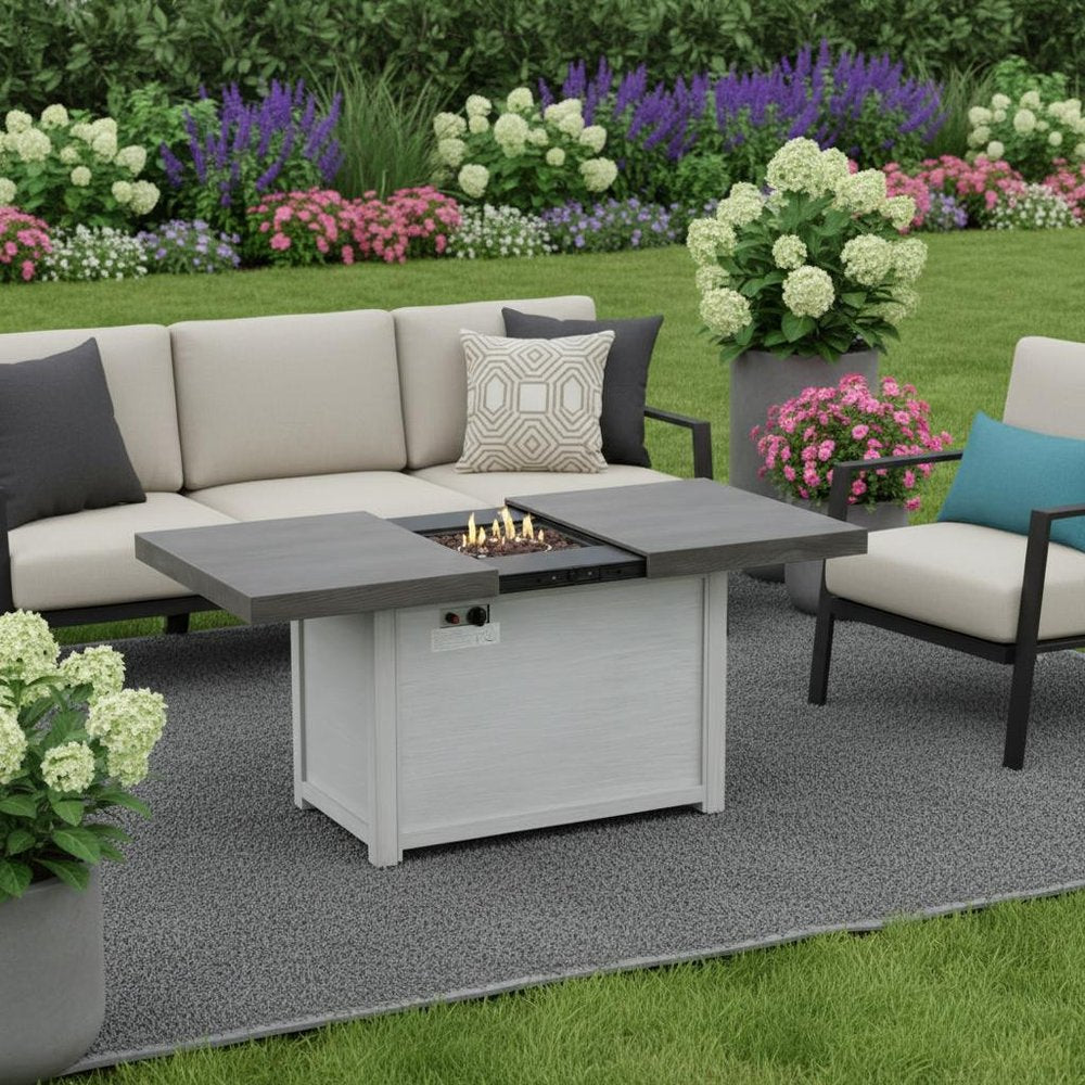 50000 BTU 45" Gray Aluminum Propane Rectangular Fire Pit With Cover. Outdoor fireplaces and firepit in gray metal.