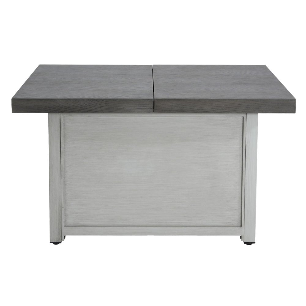 50000 BTU 45" Gray Aluminum Propane Rectangular Fire Pit With Cover. Outdoor fireplaces and firepit isolated on a plain white background, in a gray metal finish.