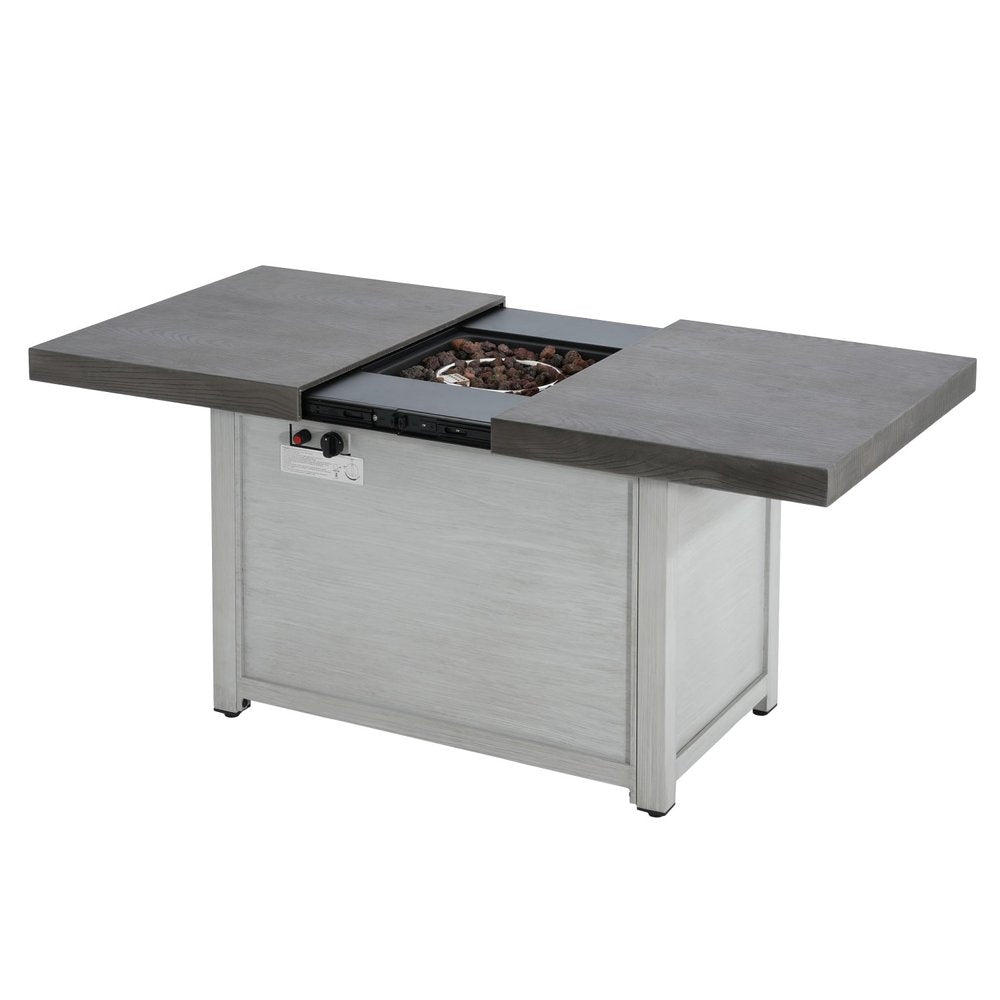 50000 BTU 45" Gray Aluminum Propane Rectangular Fire Pit With Cover. Outdoor fireplaces and firepit isolated on a plain white background, showing a gray metal surface.