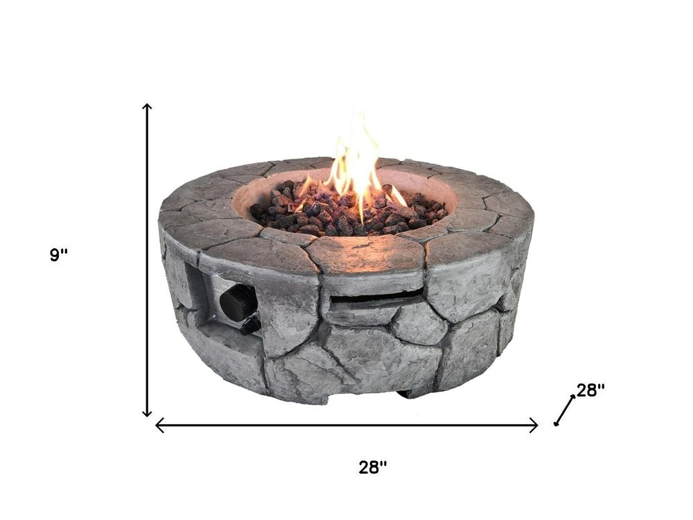 40000 BTU 28" Gray Steel Propane Round Fire Pit With Cover. Outdoor fireplaces and firepit isolated on a plain white background, showing a gray metal surface.