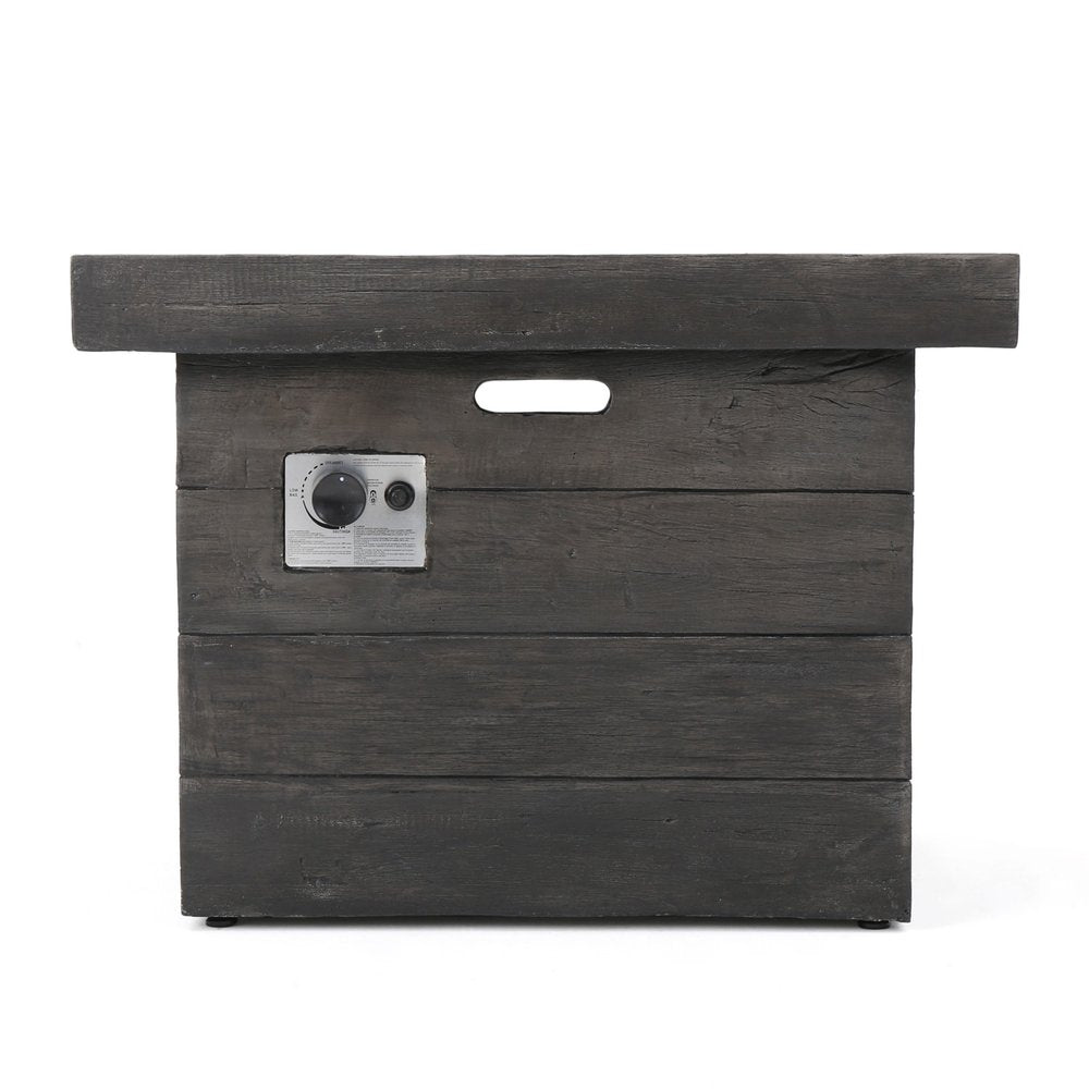 Gray steel rectangular fire pit with control panel and handle cutouts, shown on a white background.