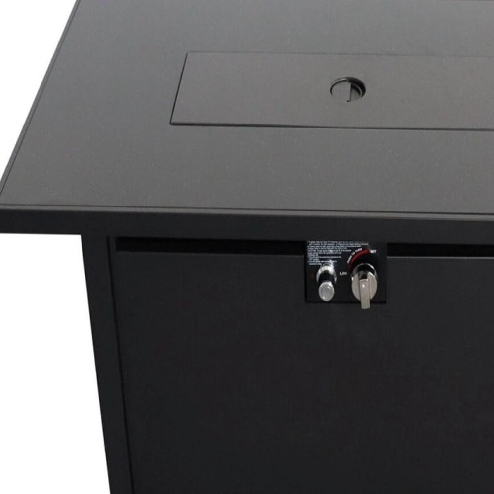 Close-up of 40000 BTU 42" Black Steel Propane Rectangular Fire Pit With Cover showing black metal detail.