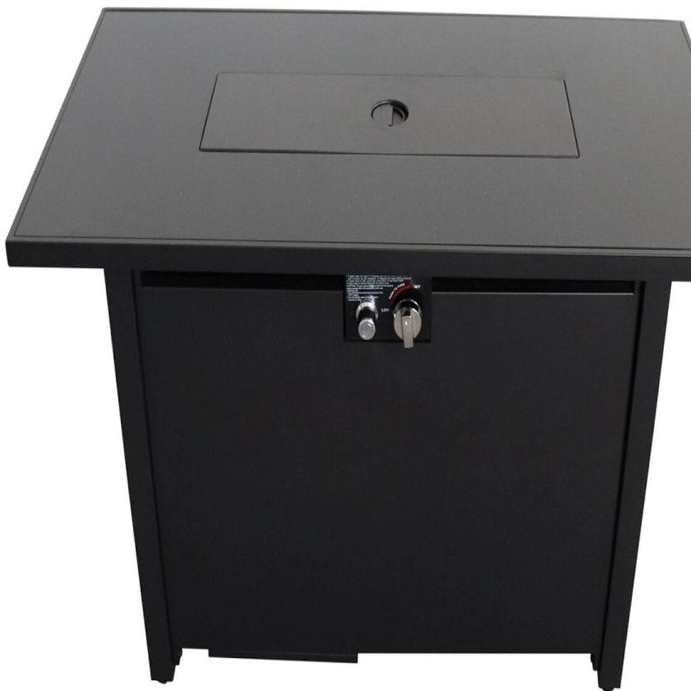 40000 BTU 42" Black Steel Propane Rectangular Fire Pit With Cover. Outdoor fireplaces and firepit isolated on a plain white background, showing a black metal surface.
