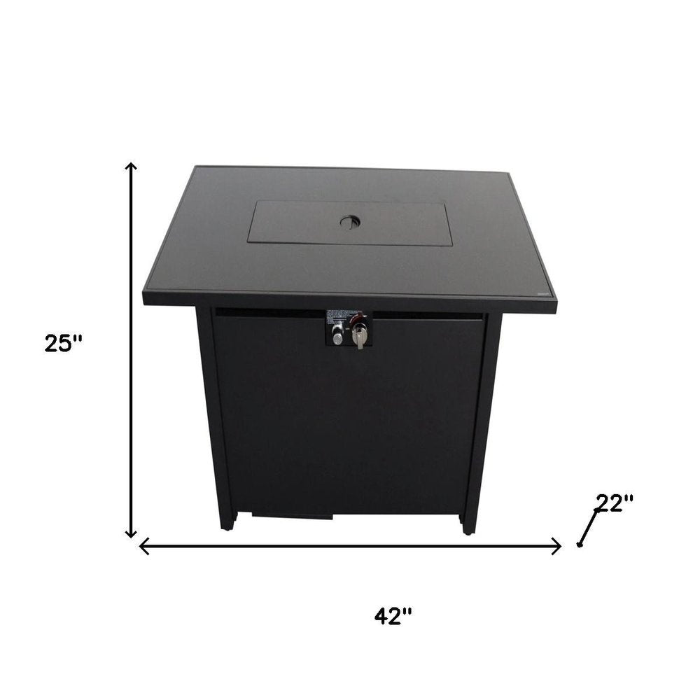 40000 BTU 42" Black Steel Propane Rectangular Fire Pit With Cover. Outdoor fireplaces and firepit isolated on a plain white background, in a black metal finish.