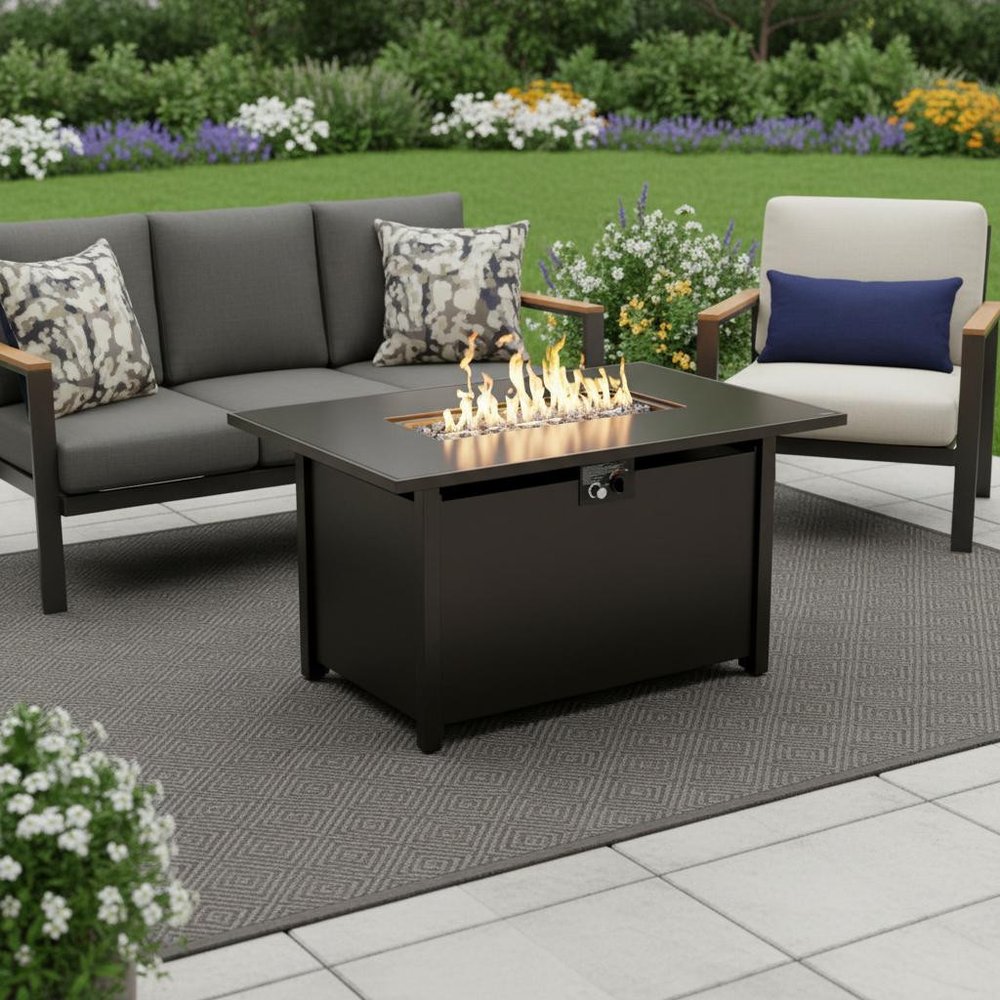 40000 BTU 42" Black Steel Propane Rectangular Fire Pit With Cover shown outdoors on a tiled patio with greenery.