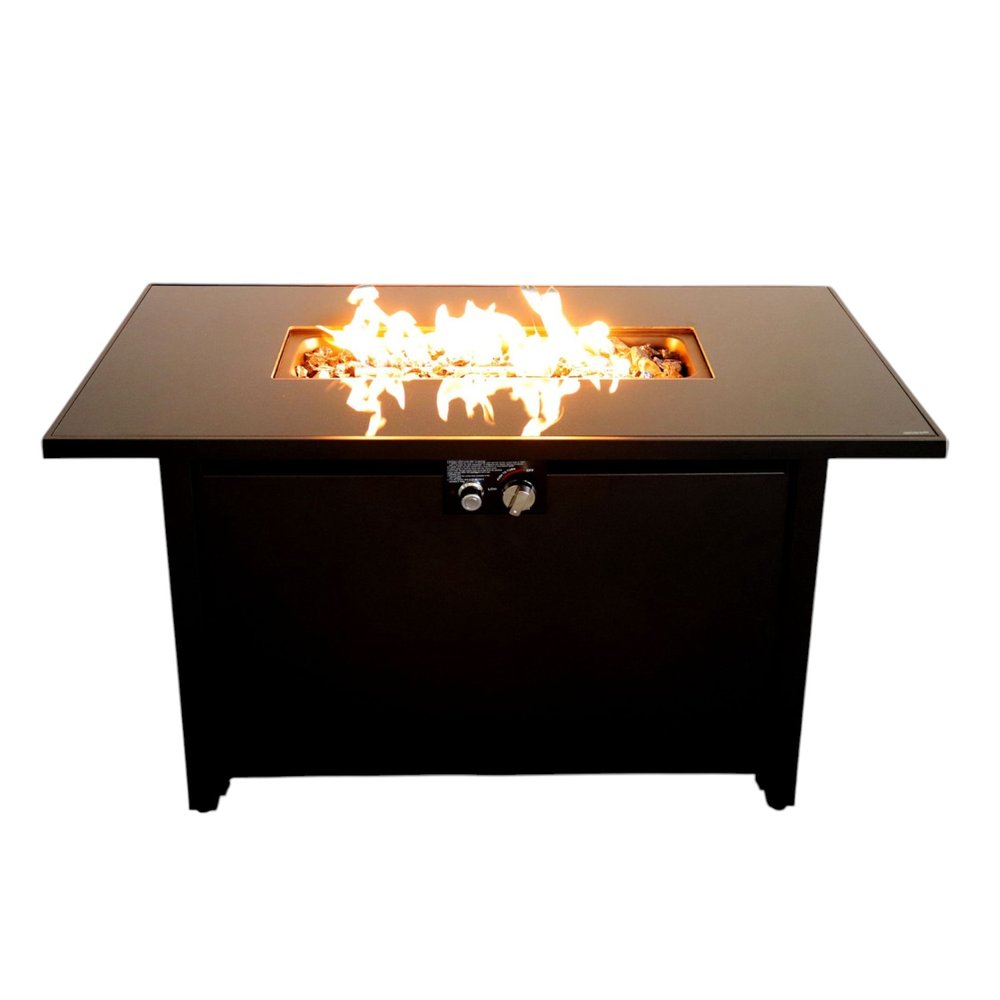 40000 BTU 42" Black Steel Propane Rectangular Fire Pit With Cover. Outdoor fireplaces and firepit isolated on a plain white background, in a black metal finish.