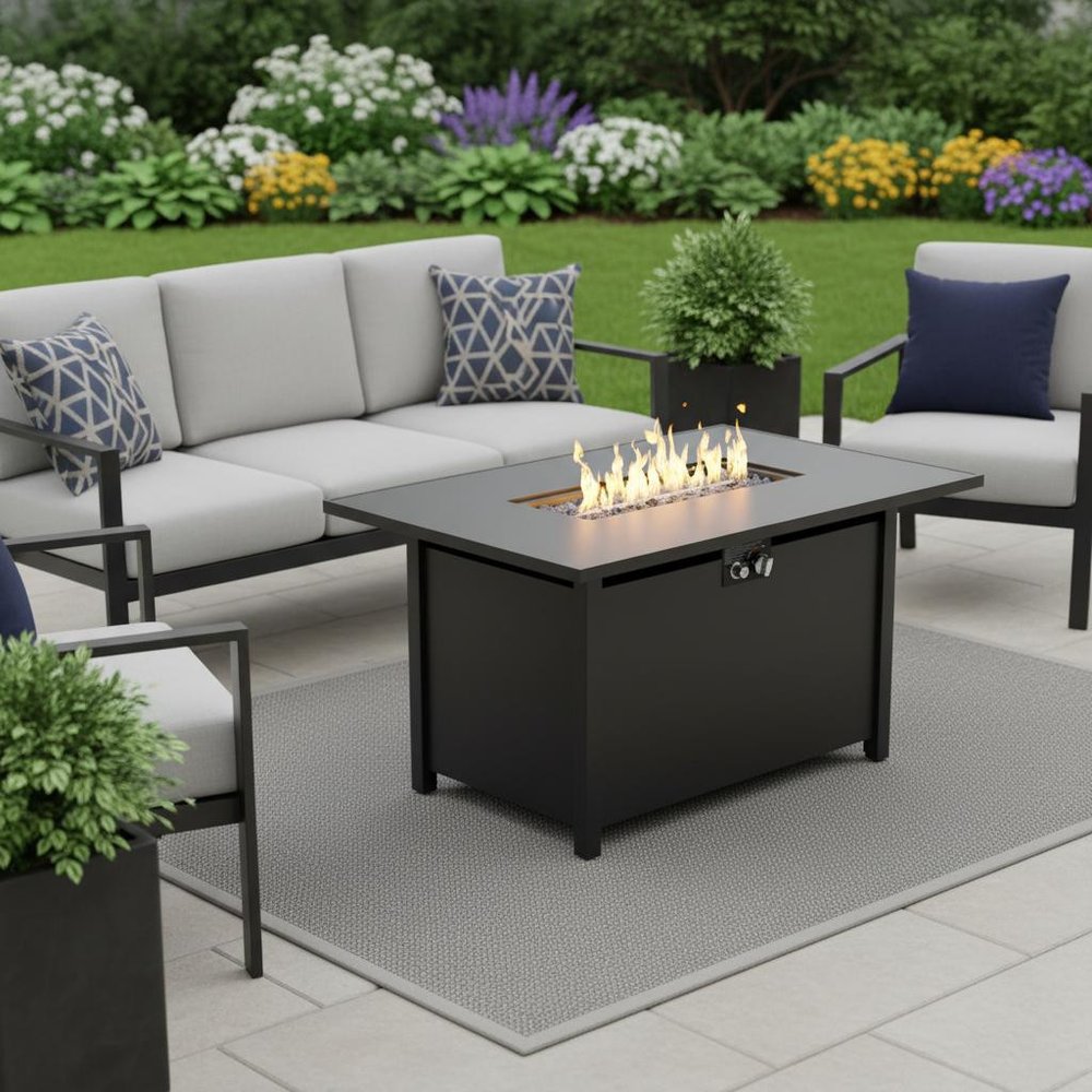 40000 BTU 43" Black Steel Propane Rectangular Fire Pit With Cover shown outdoors on a tiled patio with greenery.