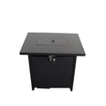 40000 BTU 43" Black Steel Propane Rectangular Fire Pit With Cover. Outdoor fireplaces and firepit isolated on a plain white background, finished in black metal.