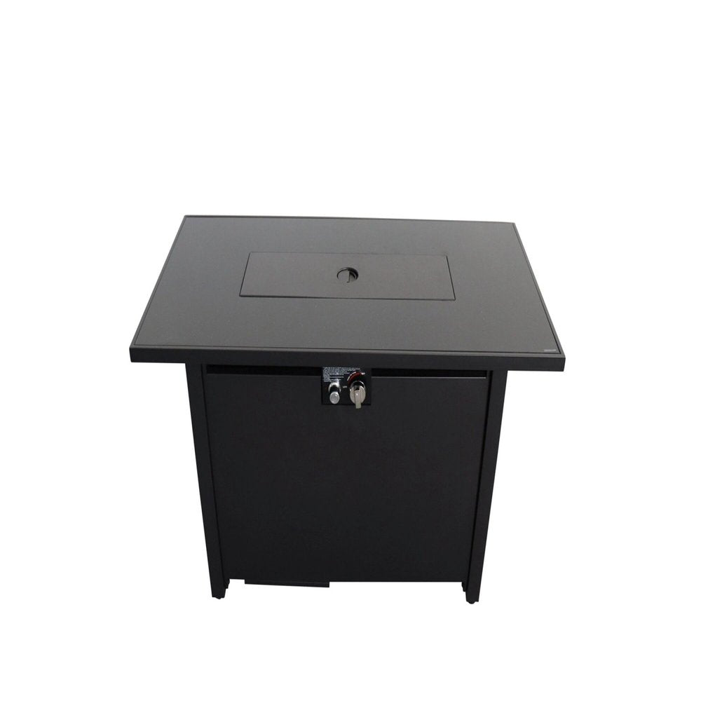 Black steel rectangular propane fire pit with cover on a white background.