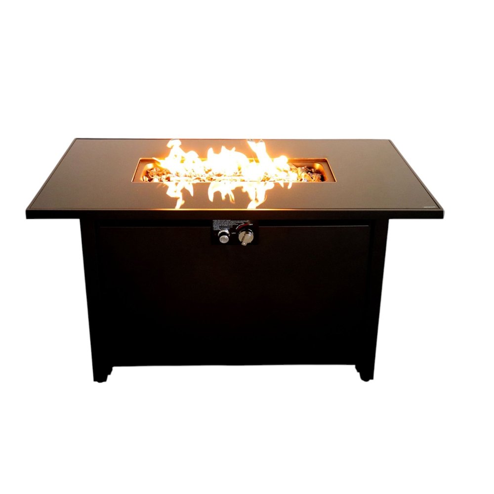 40000 BTU 43" Black Steel Propane Rectangular Fire Pit With Cover. Outdoor fireplaces and firepit isolated on a plain white background, finished in black metal.