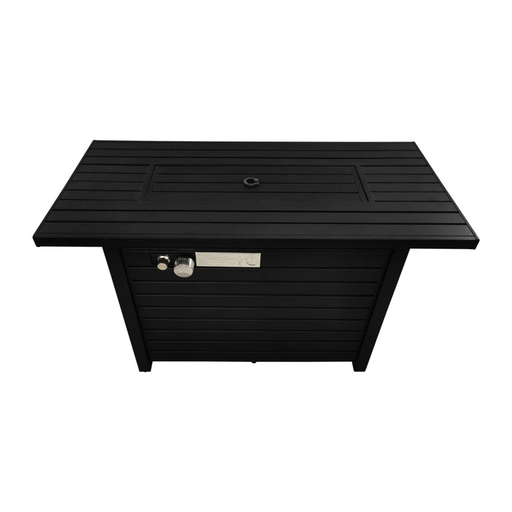 Black steel rectangular propane fire pit with a slatted top and control panel, shown from a high angle on a white background.