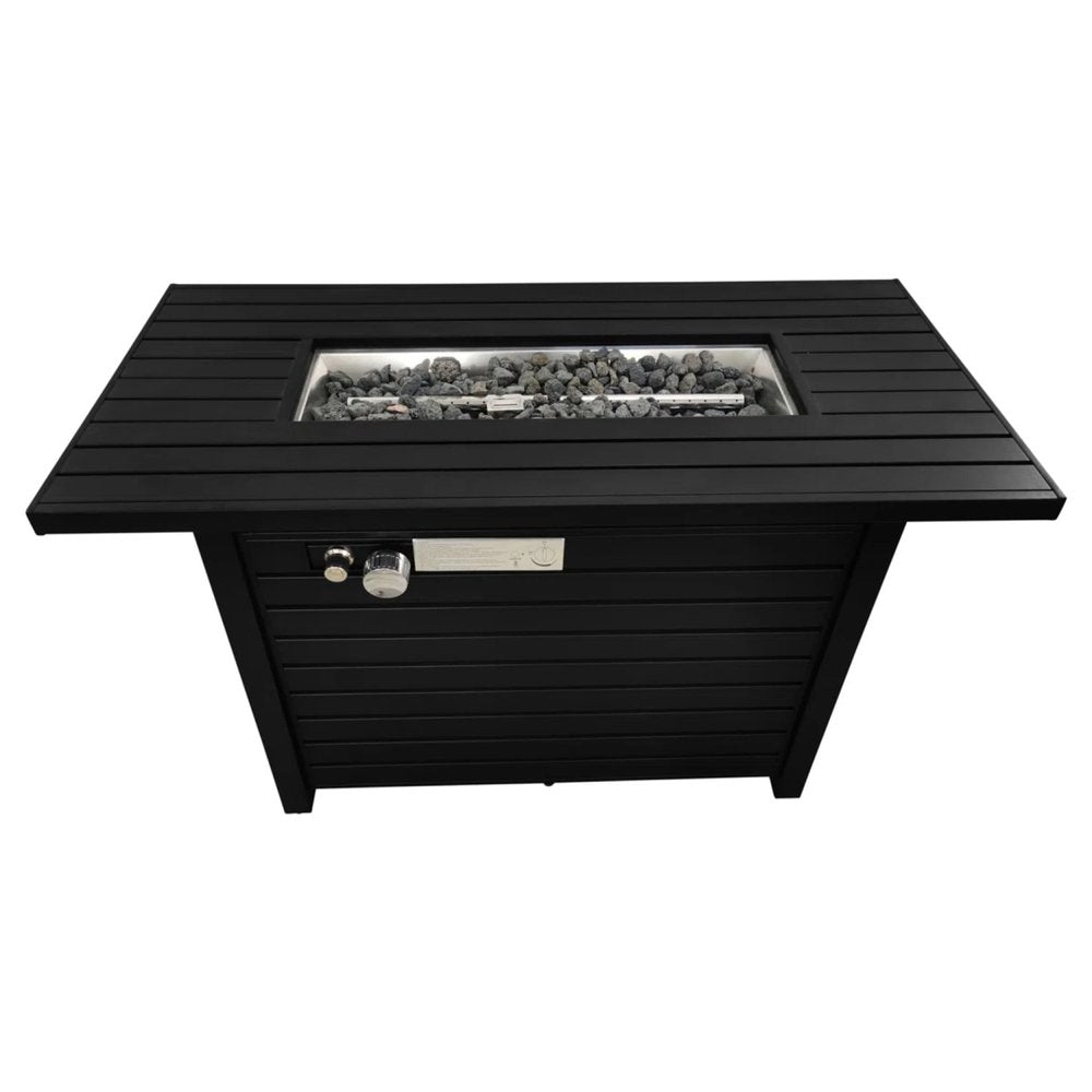 40000 BTU 42" Black Steel Propane Rectangular Fire Pit With Cover. Outdoor fireplaces and firepit isolated on a plain white background, showing a black metal surface.