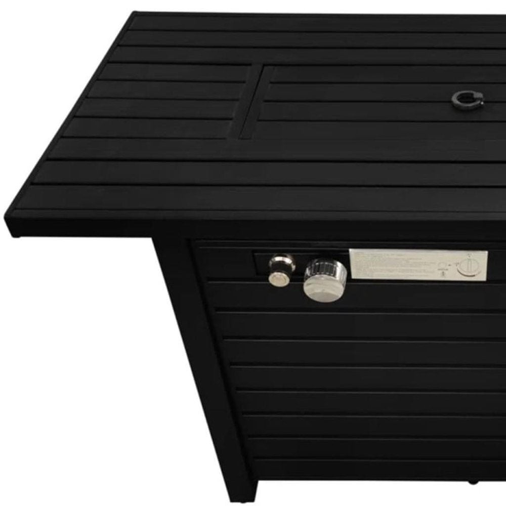 40000 BTU 42" Black Steel Propane Rectangular Fire Pit With Cover. Outdoor fireplaces and firepit isolated on a plain white background, in a black metal finish.