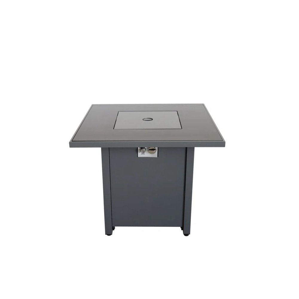 Square dark gray steel propane fire pit with a cover on a white background.