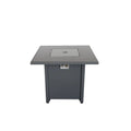 50000 BTU 30" Black Steel Propane Square Fire Pit With Cover. Outdoor fireplaces and firepit isolated on a plain white background, showing a black metal surface.