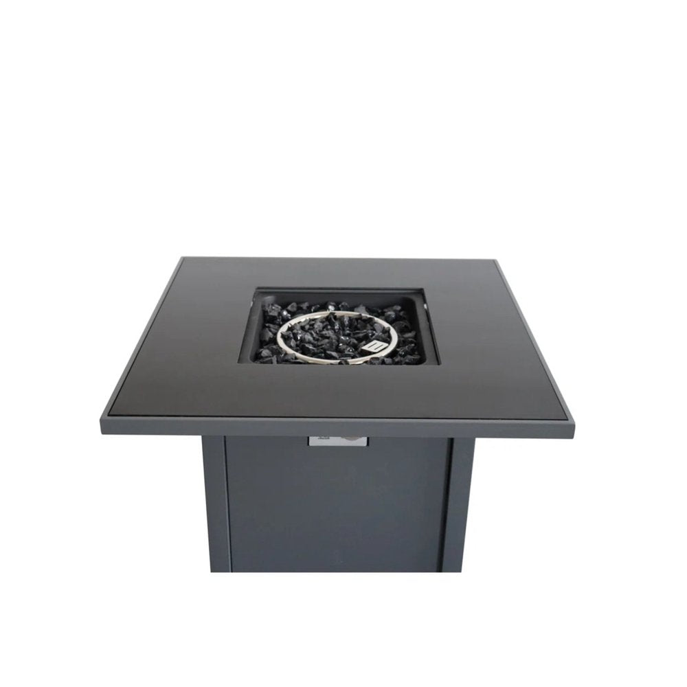 50000 BTU 30" Black Steel Propane Square Fire Pit With Cover. Outdoor fireplaces and firepit isolated on a plain white background, showing a black metal surface.