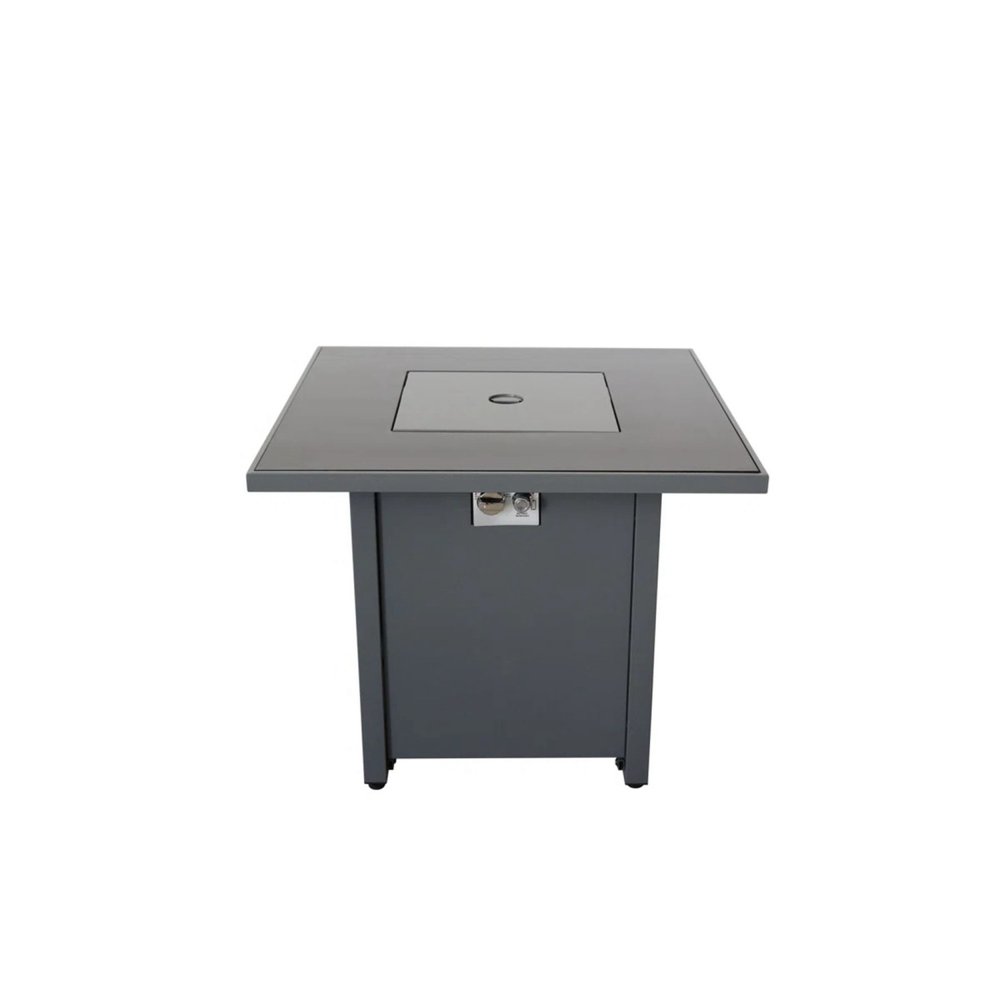 50000 BTU 30" Black Steel Propane Square Fire Pit With Cover. Outdoor fireplaces and firepit isolated on a plain white background, in a black metal finish.