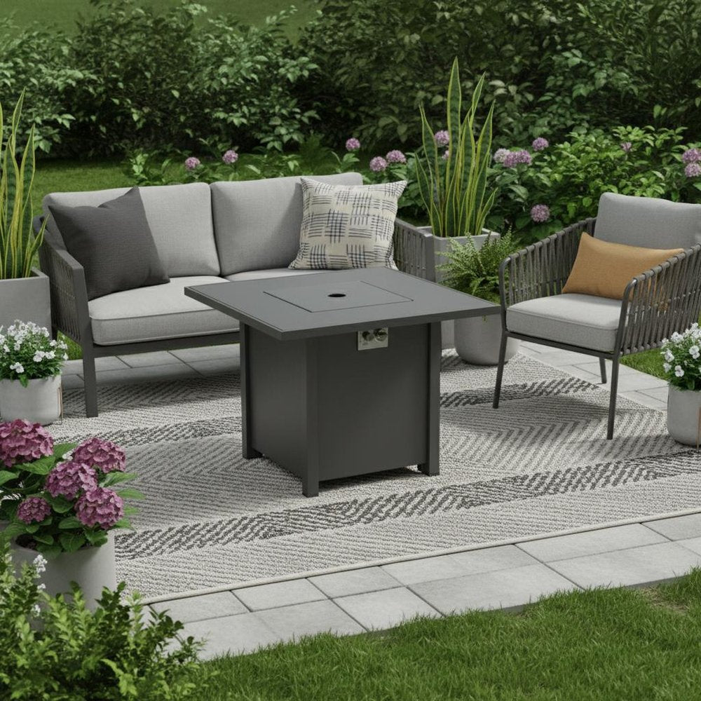 50000 BTU 30" Black Steel Propane Square Fire Pit With Cover. Outdoor fireplaces and firepit in black metal.