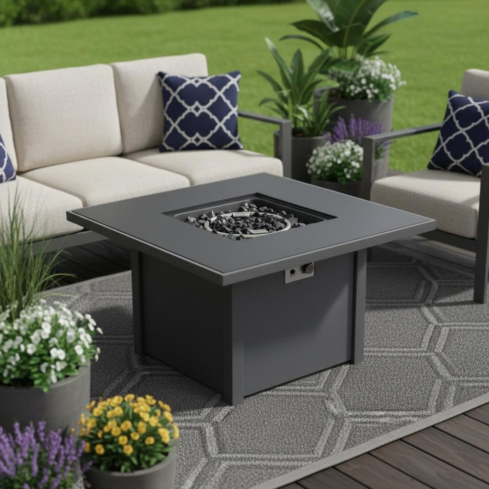 50000 BTU 30" Black Steel Propane Square Fire Pit With Cover. Outdoor fireplaces and firepit in black metal.