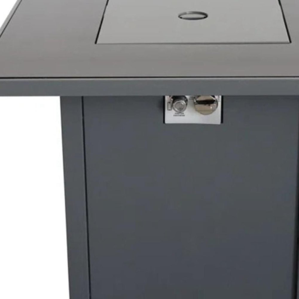 Cropped view of 50000 BTU 30" Black Steel Propane Square Fire Pit With Cover focusing on the black metal surface.