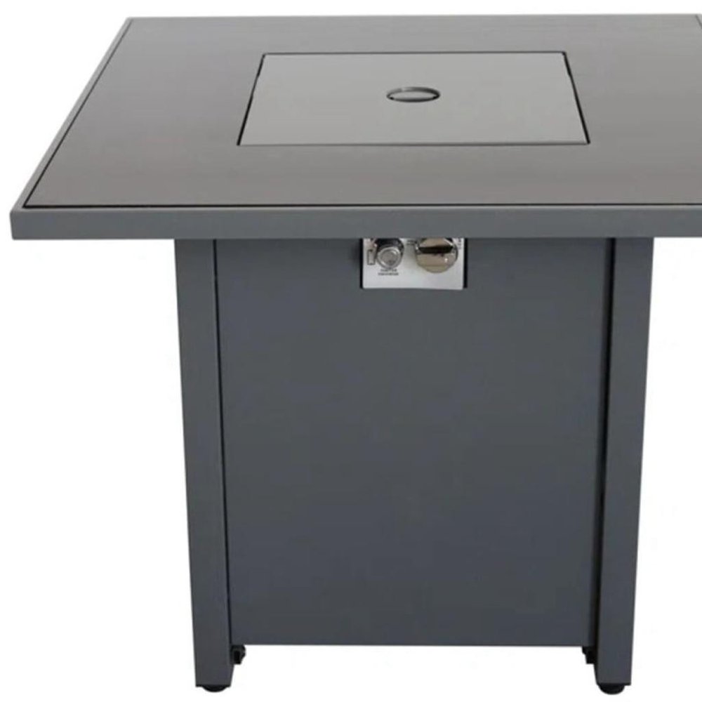 50000 BTU 30" Black Steel Propane Square Fire Pit With Cover. Outdoor fireplaces and firepit isolated on a plain white background, in a black metal finish.