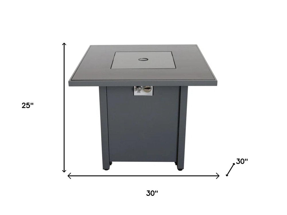 50000 BTU 30" Black Steel Propane Square Fire Pit With Cover. Outdoor fireplaces and firepit isolated on a plain white background, finished in black metal.