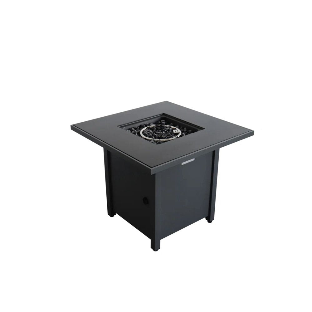 Black steel square propane fire pit with a glass burner and a white background.