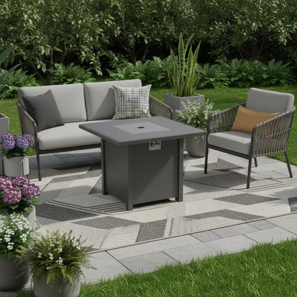 50000 BTU 30" Black Steel Propane Square Fire Pit With Cover. Outdoor fireplaces and firepit in black metal.