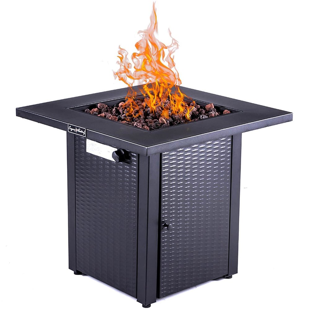 Black steel square propane fire pit with lava rocks and flames, on a white background.