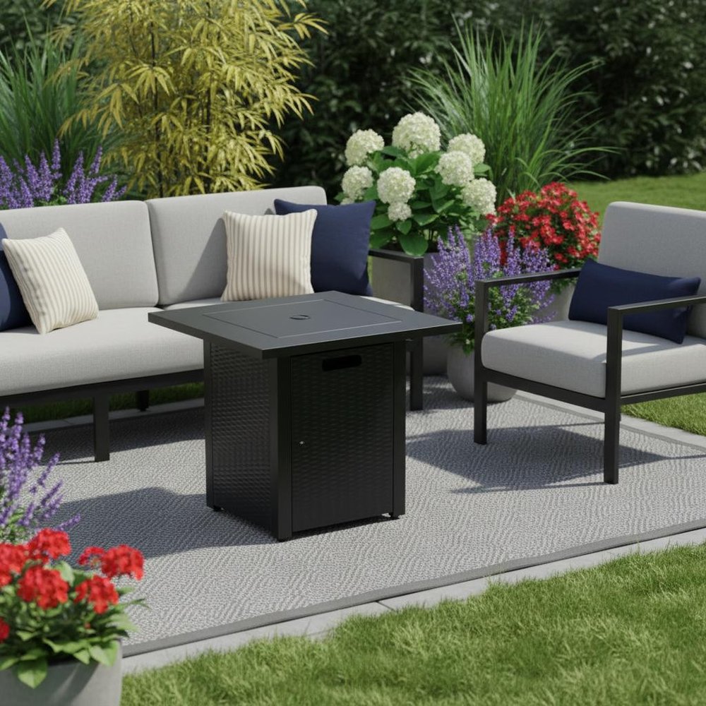 50000 BTU 28" Black Steel Propane Square Fire Pit With Cover shown outdoors on a patio with greenery.