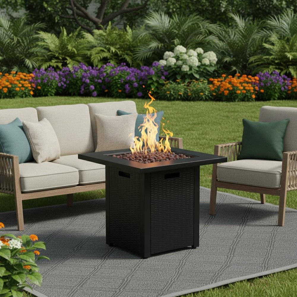 50000 BTU 28" Black Steel Propane Square Fire Pit With Cover shown outdoors on a tiled patio with greenery.