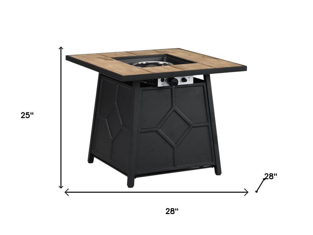 40000 BTU 28" Brown Iron Propane Square Fire Pit With Cover. Outdoor fireplaces and firepit isolated on a plain white background, finished in brown metal.